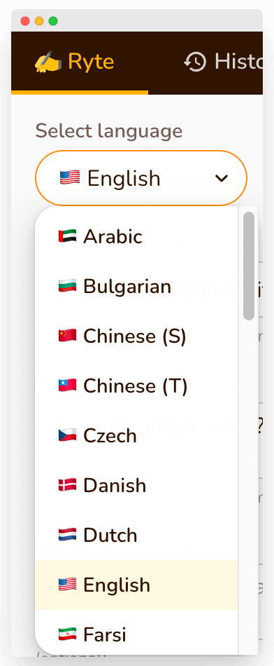 Rytr - select language. Solution on How to Overcome Writer’s Block