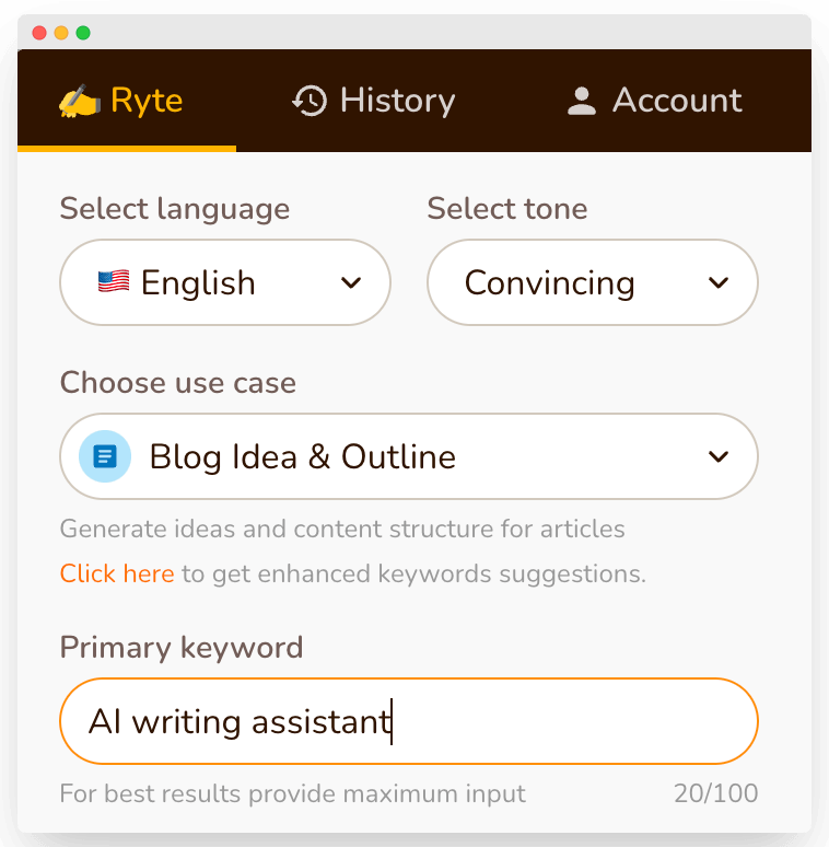 Rytr - Enter Primary Keyword